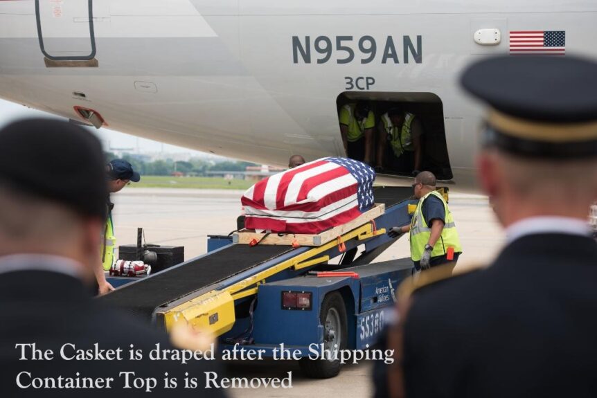 Flag on Casket in Shipping Container Tray with text