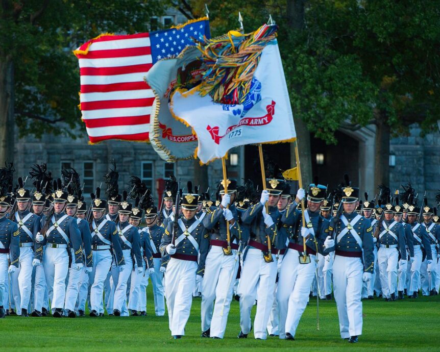 West Point Color Guard Shoulder to Shoulder Struggling with Wind